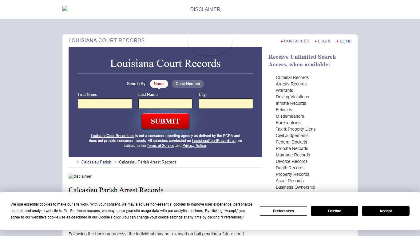 Calcasieu Parish Arrest Records LouisianaCourtRecords.us